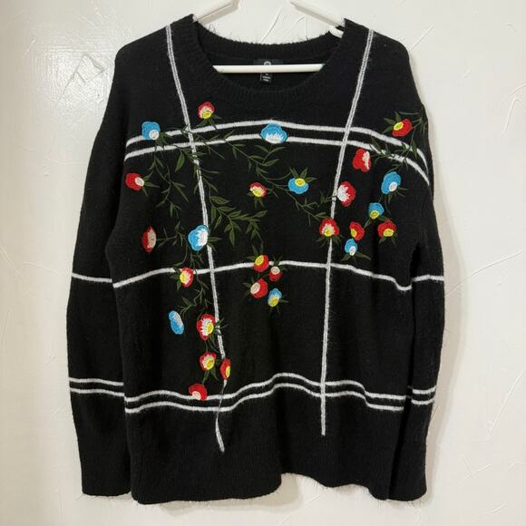Curations 1x Floral Sweater Blouse Women's Pullover Black Shirt Pattern Stripes - Picture 1 of 6